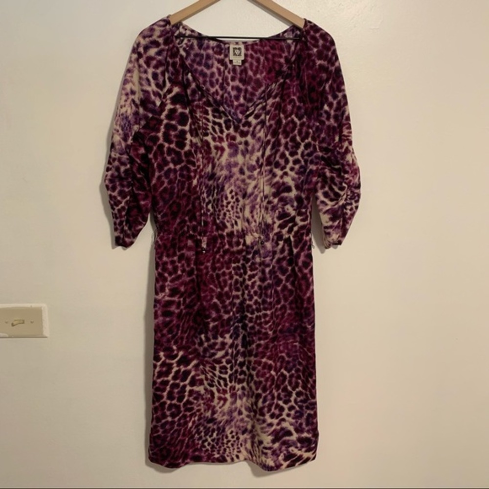 Anne Klein Purple V Neck Midi Animal Print Dress